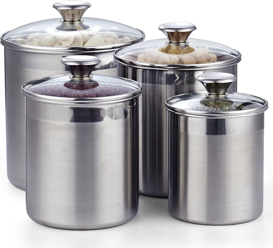4-Piece Stainless Steel Canister W/ Glass Lid